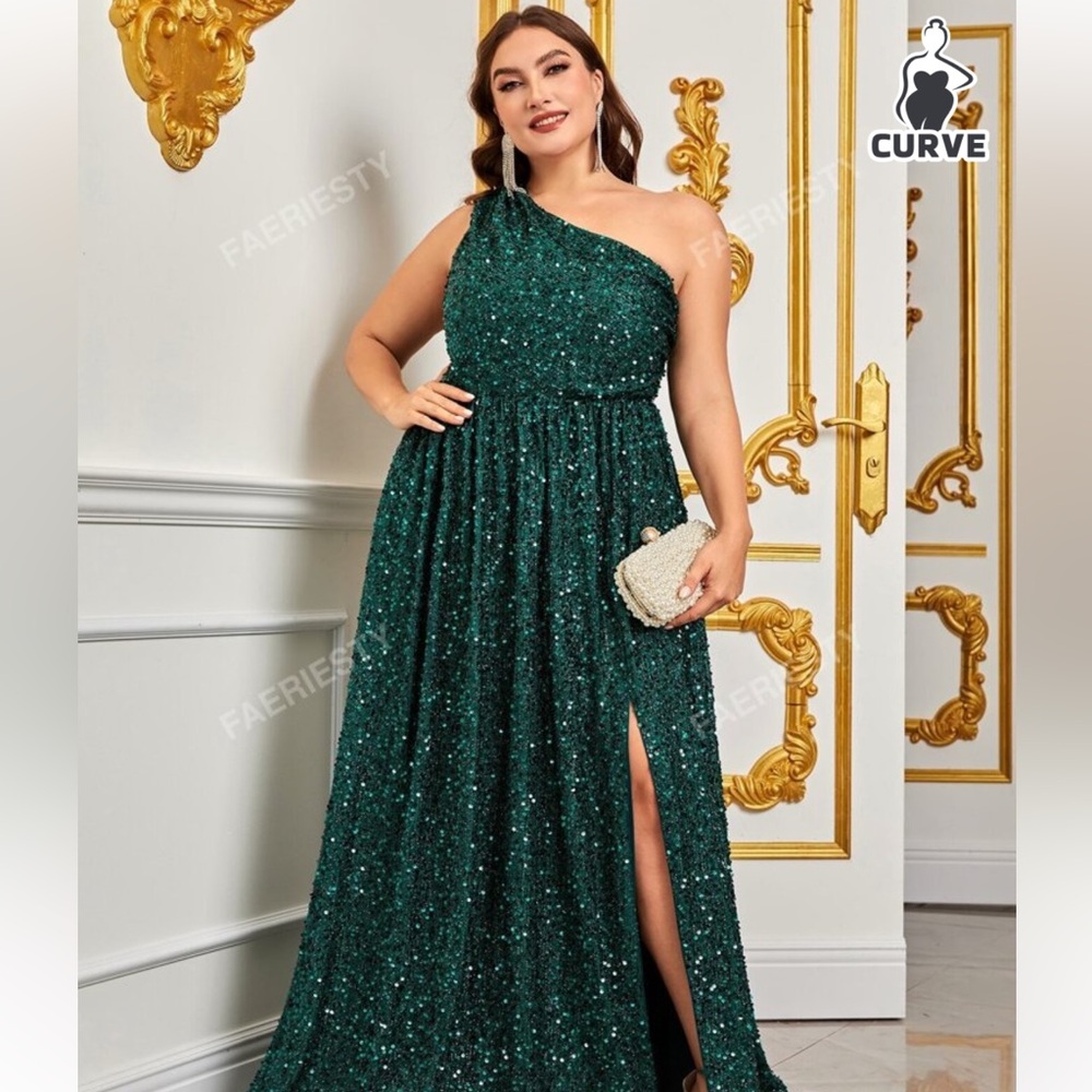 SHEIN Green Sequin One-Shoulder Maxi Dress